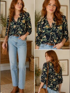 Tuckernuck Willow Navy Floral Cotton Button Blouse